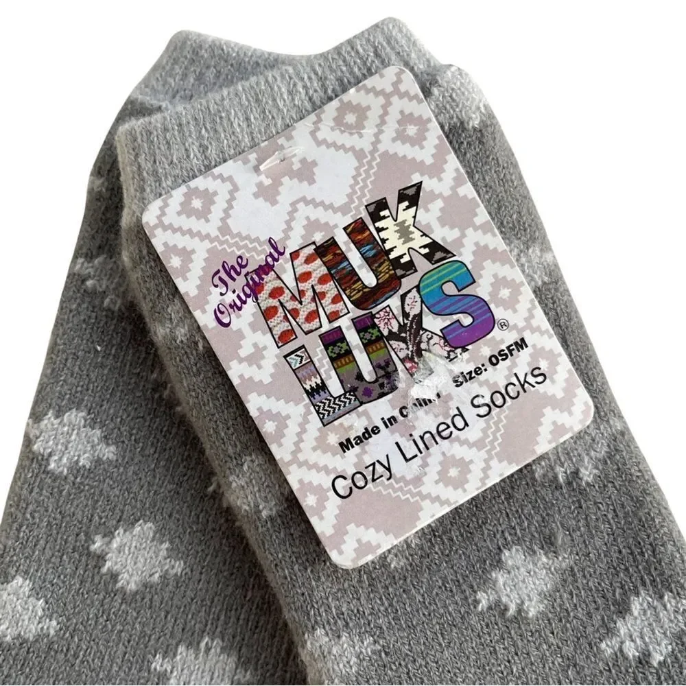The Original Muk Luks Cozy Lined Socks Gray Geometric Print  Gripped Socks OSFM
